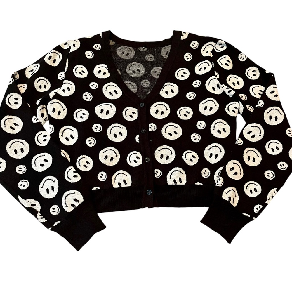 Smiley Face Black and Whit Cropped Caridgan Womens Large